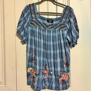 Johnny Was Blue Plaid Embroidered Blouse